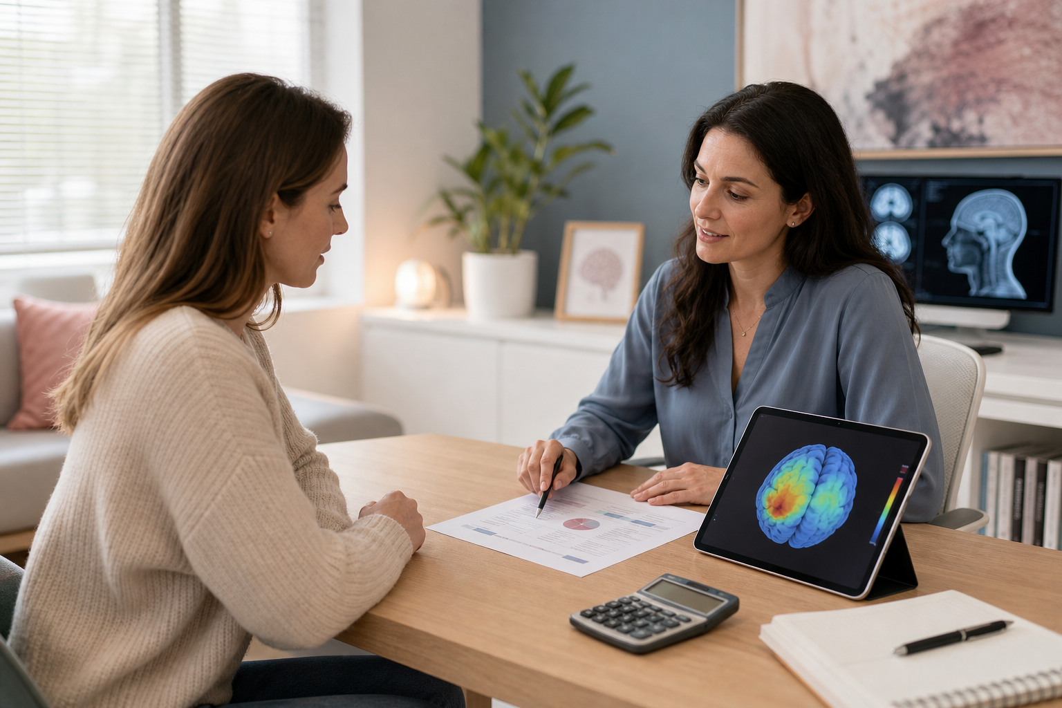 Calculator and consultation notes on a desk while a clinician explains a neurofeedback training plan