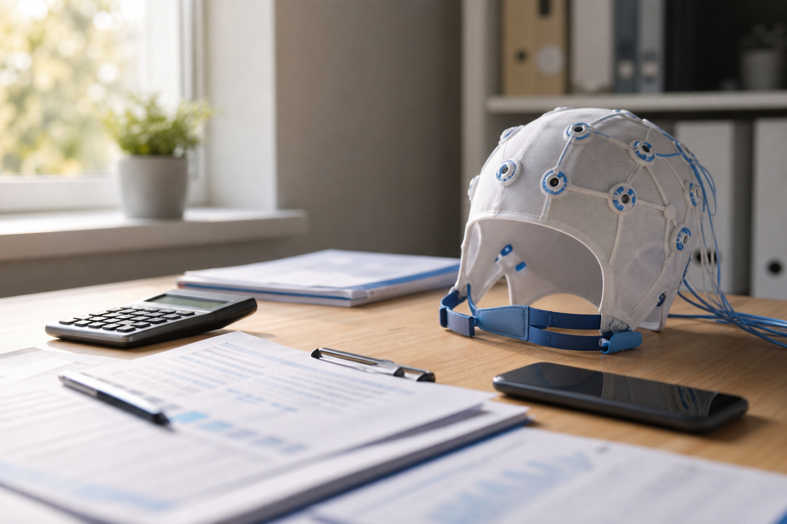Desk with insurance paperwork, a calculator and a phone beside an EEG sensor cap used for neurofeedback
