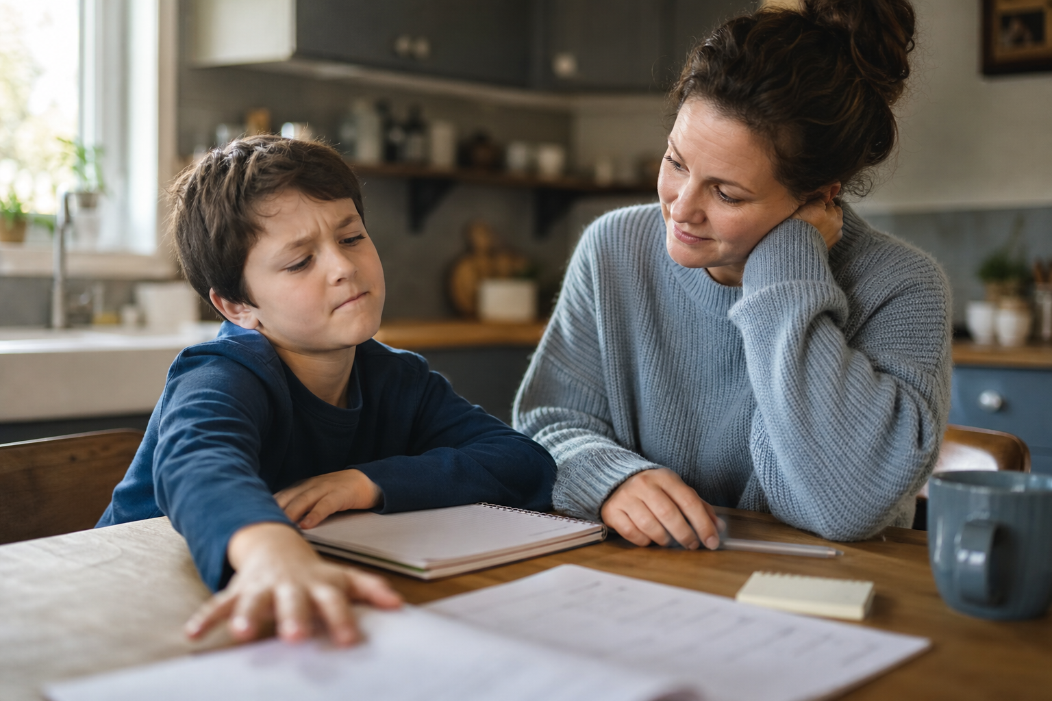Parent listening calmly as a school-age child pushes a homework worksheet away at the kitchen table