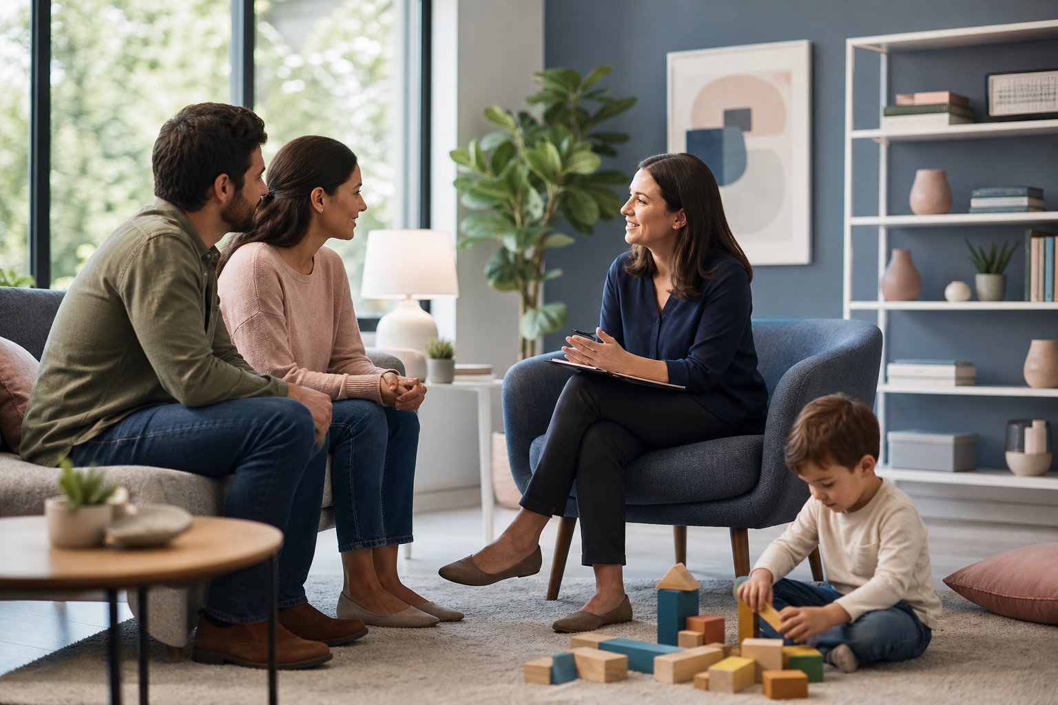 Clinician talking with parents in a bright office while their young child plays with building blocks nearby