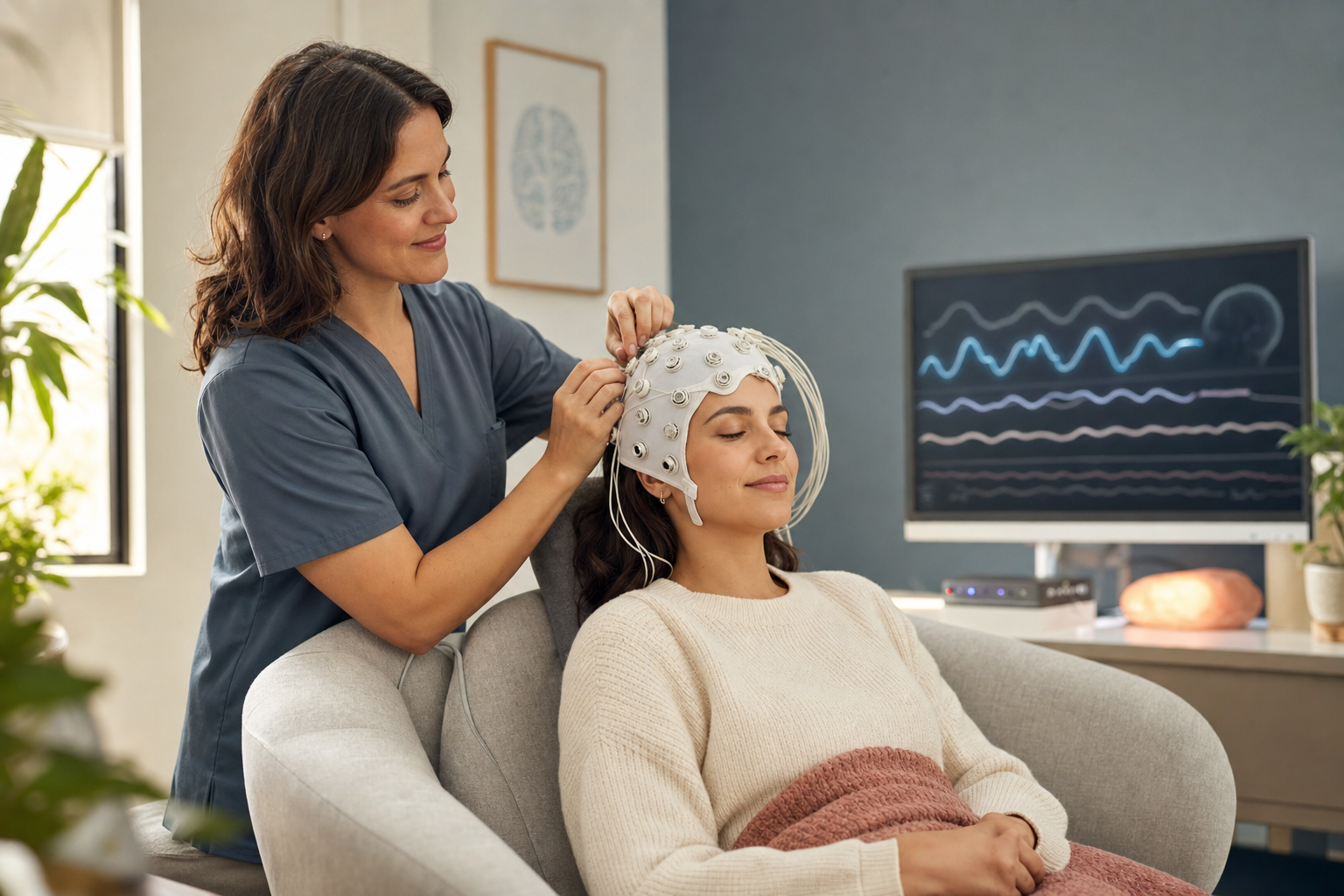 Clinician placing a comfortable EEG sensor cap on a relaxed adult client in a calm training room